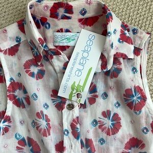 Seaplane cream, red & blue 100% cotton one of a kind gingko batik sleeveless top